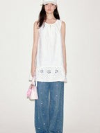 fano 100 Percent Cotton Embroidery A Line Loose Waist Sleeveless Office Midi Dresses