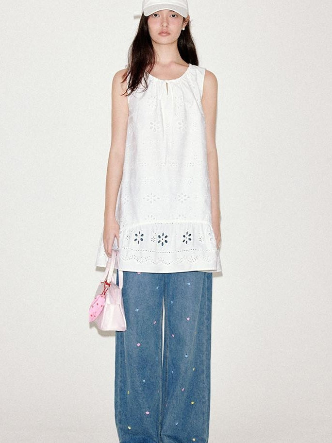 fano 100 Percent Cotton Embroidery A Line Loose Waist Sleeveless Office Midi Dresses