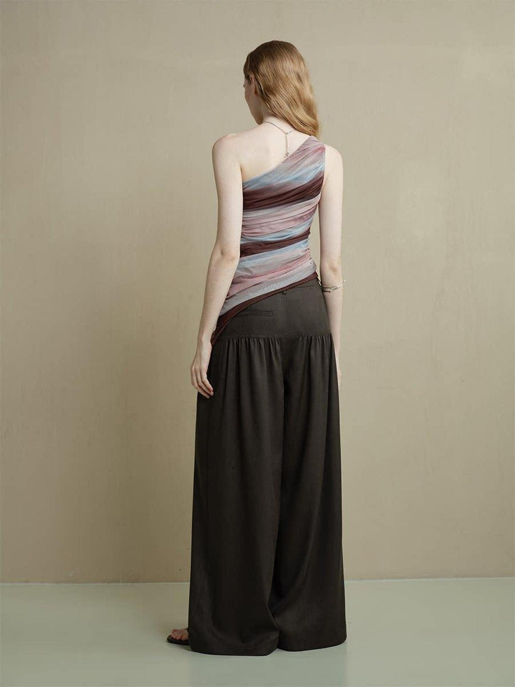 someonesometimes Comfort Minimalist Elastic Natural Waist Office Dark Brown Wide Leg Pants