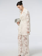 audreyyang Cotton Hollowout Loose Notched Lapel Workwear Women White Suit Top & Pants Sets