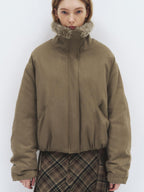 someonesometimes Lyocell Cotton Blend Relaxed Stand Collar Zip Women Beechwood Green Short Coat