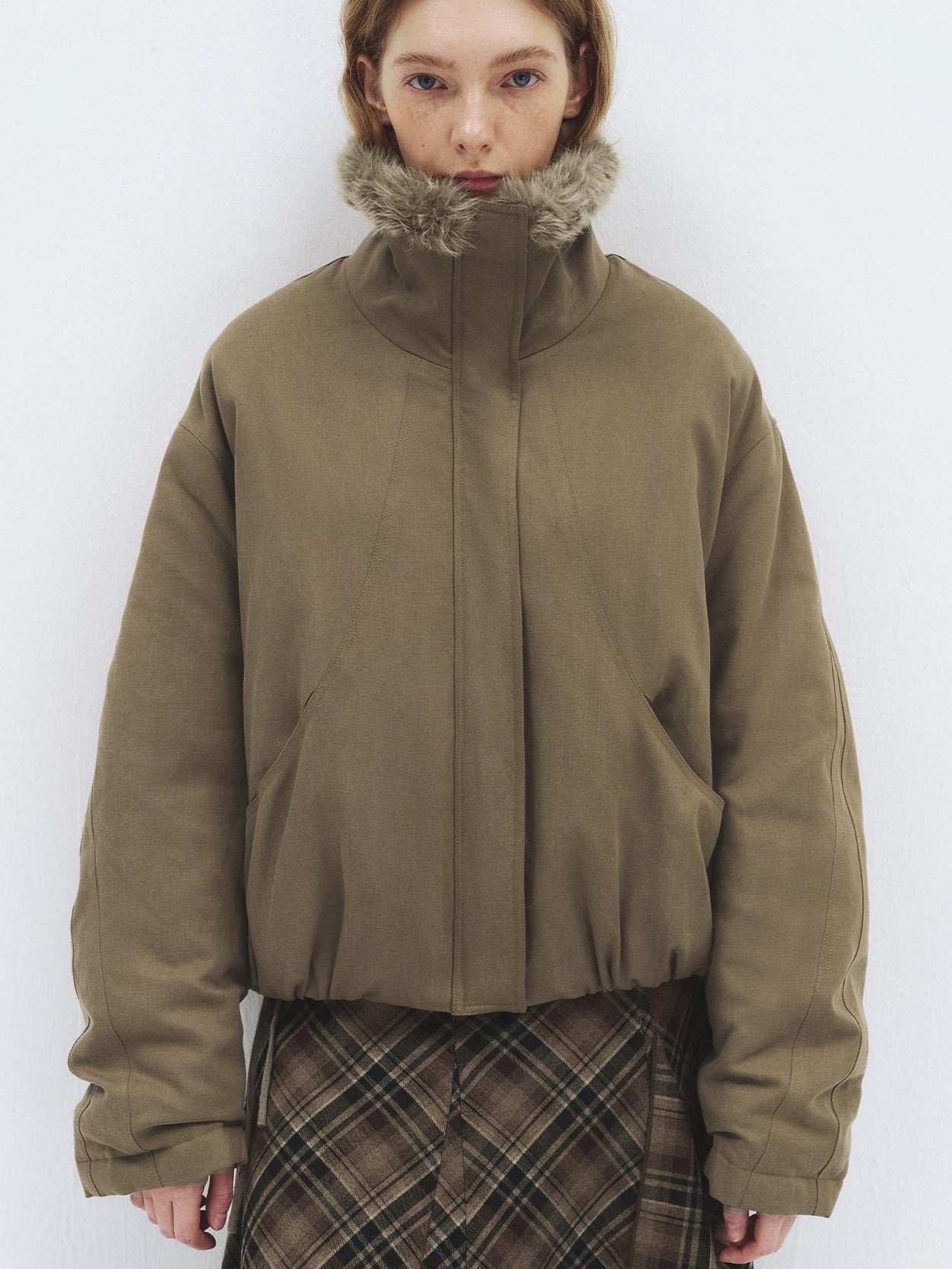 someonesometimes Lyocell Cotton Blend Relaxed Stand Collar Zip Women Beechwood Green Short Coat