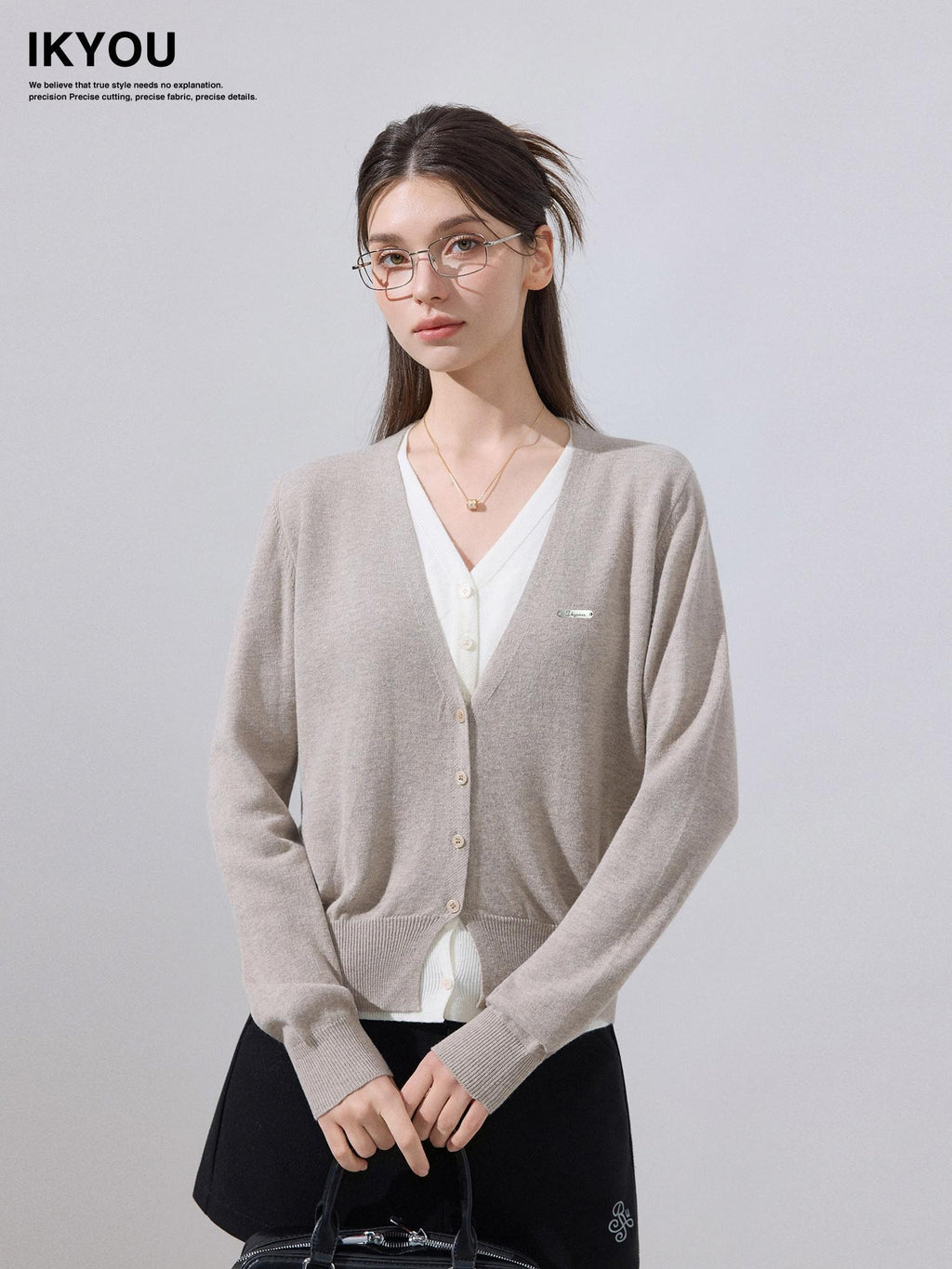 ikyou Soft Wool Blend Preppy V-neck Layered Women Khaki Knit Long Sleeve Cardigans