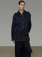 unspoken Vintage Loose Fit Irregular Pocket Detail Women Navy Polyester Trench Coats