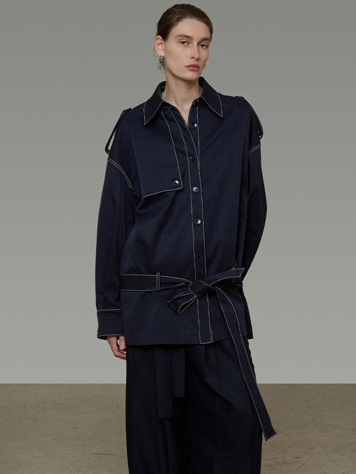 unspoken Vintage Loose Fit Irregular Pocket Detail Women Navy Polyester Trench Coats
