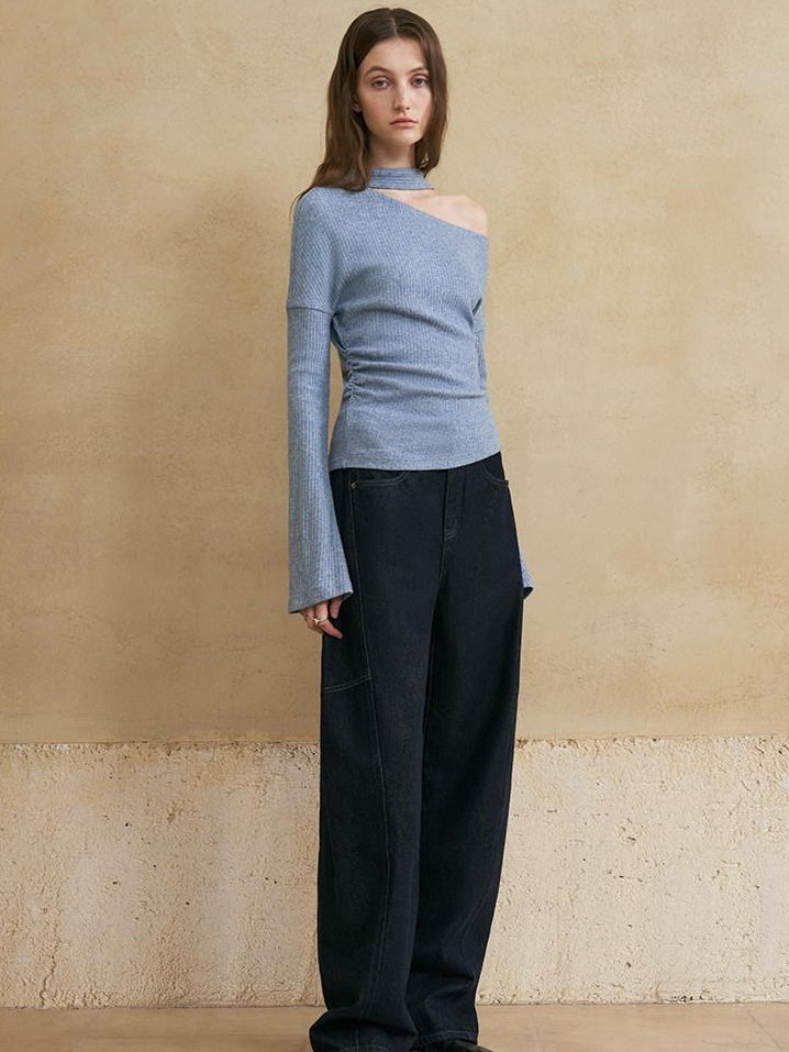 someonesometimes Viscose Blend Casual Slim Asymmetric Neck Knit Long Sleeve Sky Blue Sweaters