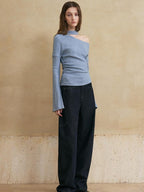 someonesometimes Viscose Blend Casual Slim Asymmetric Neck Knit Long Sleeve Sky Blue Sweaters