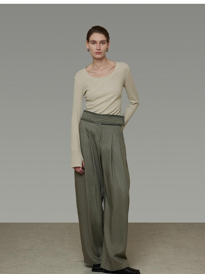 unspoken High Waist Breathable Lyocell Blend Minimal Office Moss Green Wide Leg Pants