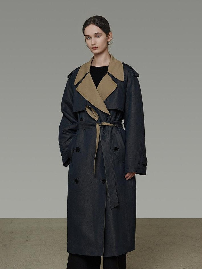 unspoken Navy Cotton Denim Double Breasted Loose Fit Commuter Women Trench Coats