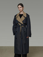 unspoken Navy Cotton Denim Double Breasted Loose Fit Commuter Women Trench Coats
