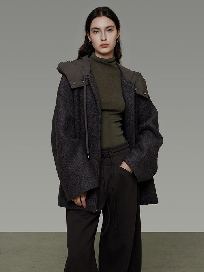 unspoken Premium Lambswool Hooded Relaxed Fit Minimal Commuter Zipper Gray Wool Coats