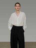 unspoken Breathable Lace V-neck Loose Fit Office Women Button Long Sleeve Blouses