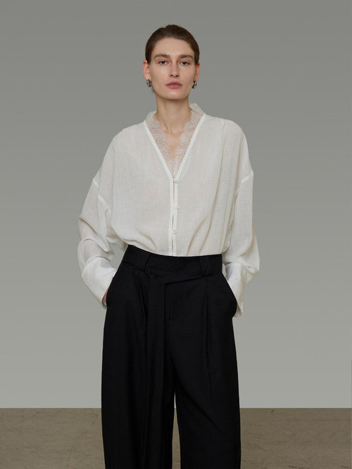 unspoken Breathable Lace V-neck Loose Fit Office Women Button Long Sleeve Blouses