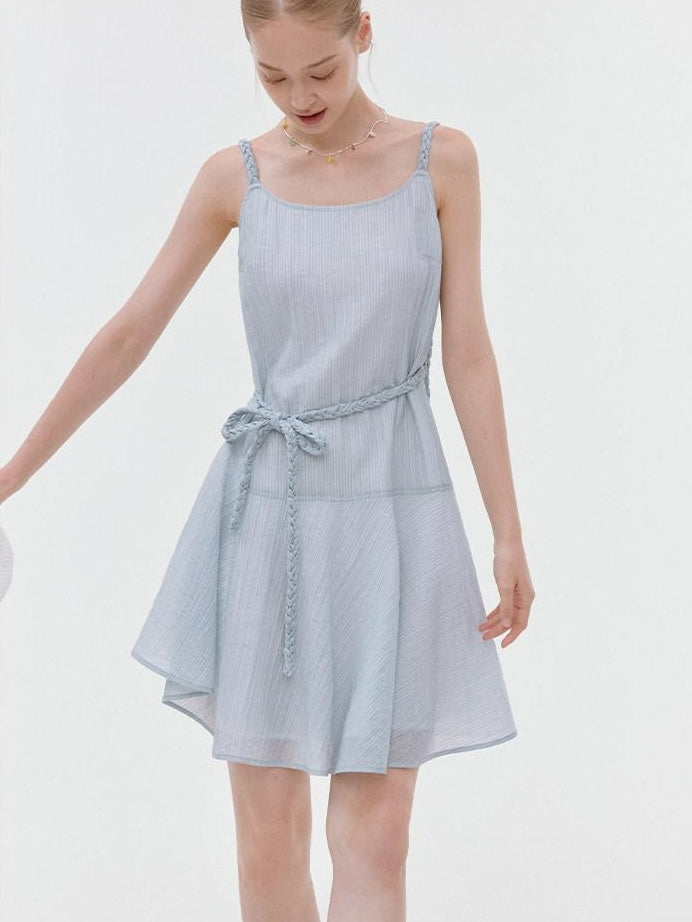 fano Elegant High Waist Aline Sleeveless Tie Waist Lyocell Light Blue Midi Dresses