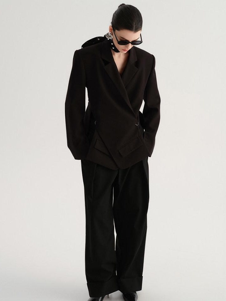 audreyyang Crossover Waist Office Relaxed Fit Women Double Breasted Black Blazers