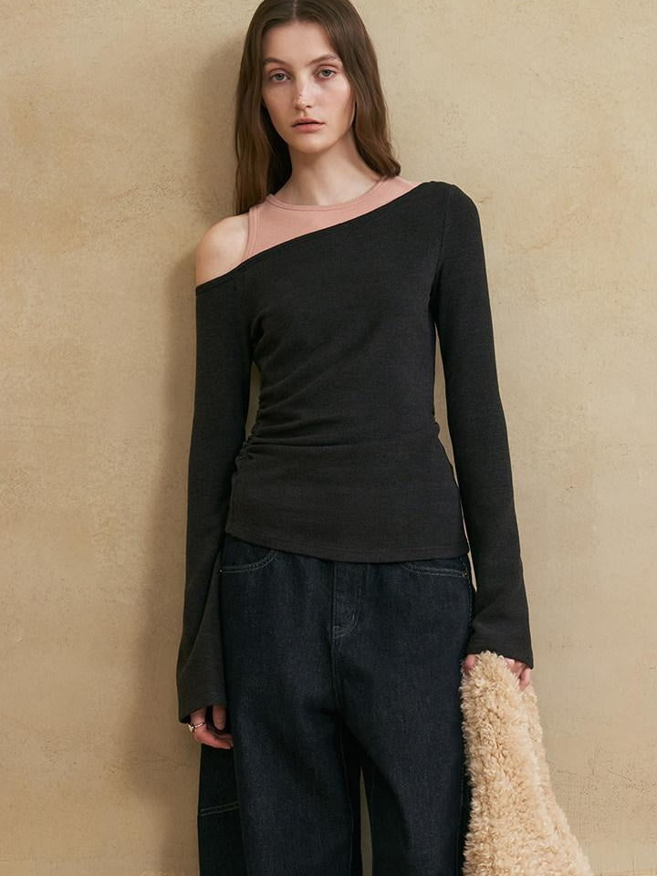 someonesometimes Colorblock Charcoal Pink Asymmetrical Knit Loose Viscose Off Shoulder Crop Tops