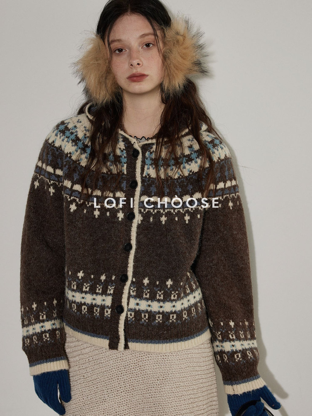 Lofi choose Thick Colorblock Lapel Loose Fit Womens Button Geometric Knit Cardigans