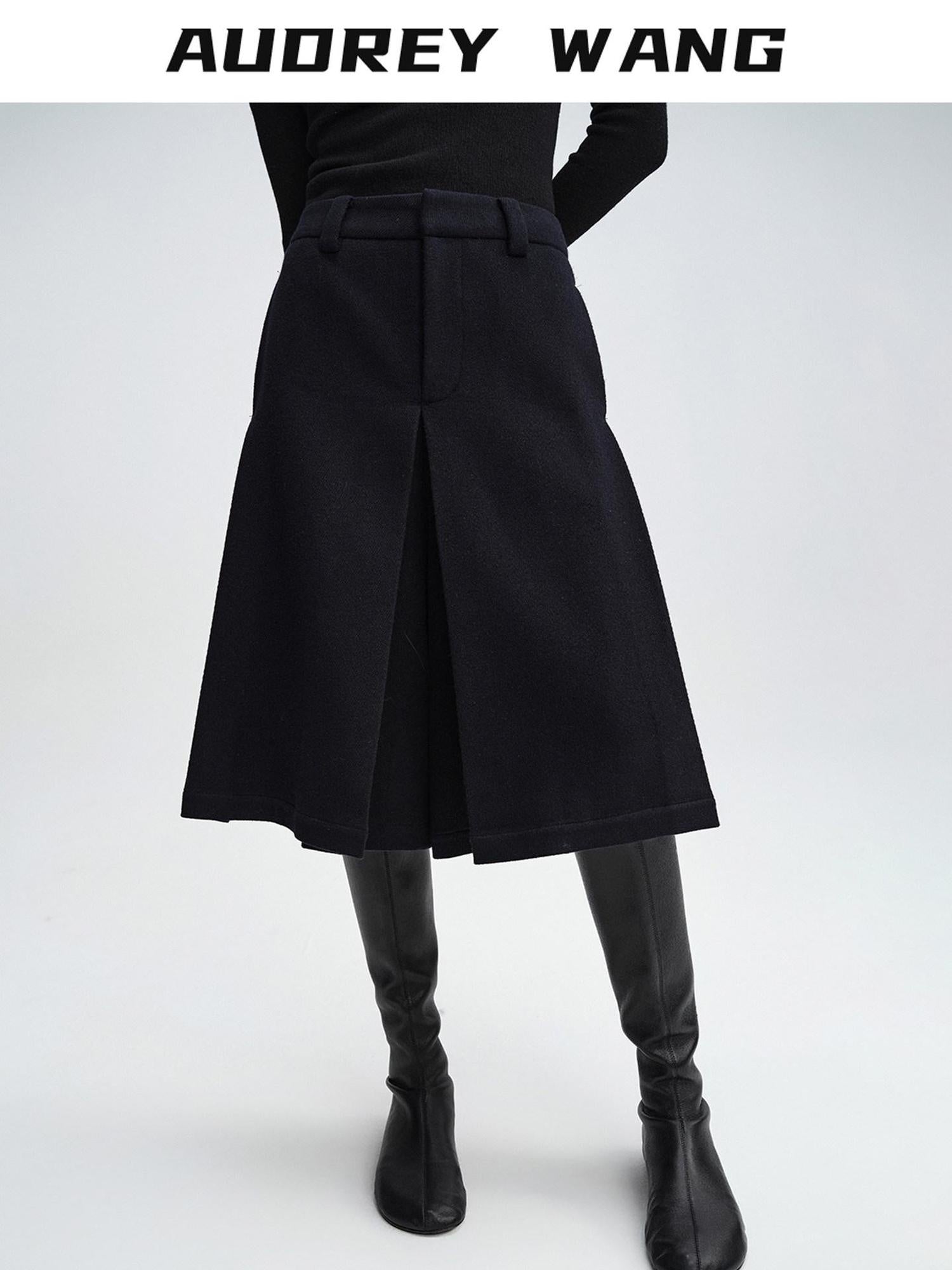 audreyyang 100% Sheep Wool Loose Natural Waist Zip Fly Black Mid-Length Shorts
