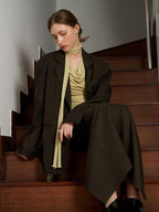 someonesometimes Pocketed Loose Blazer Workwear Women Green Coffee Acrylic Top & Skirt Sets
