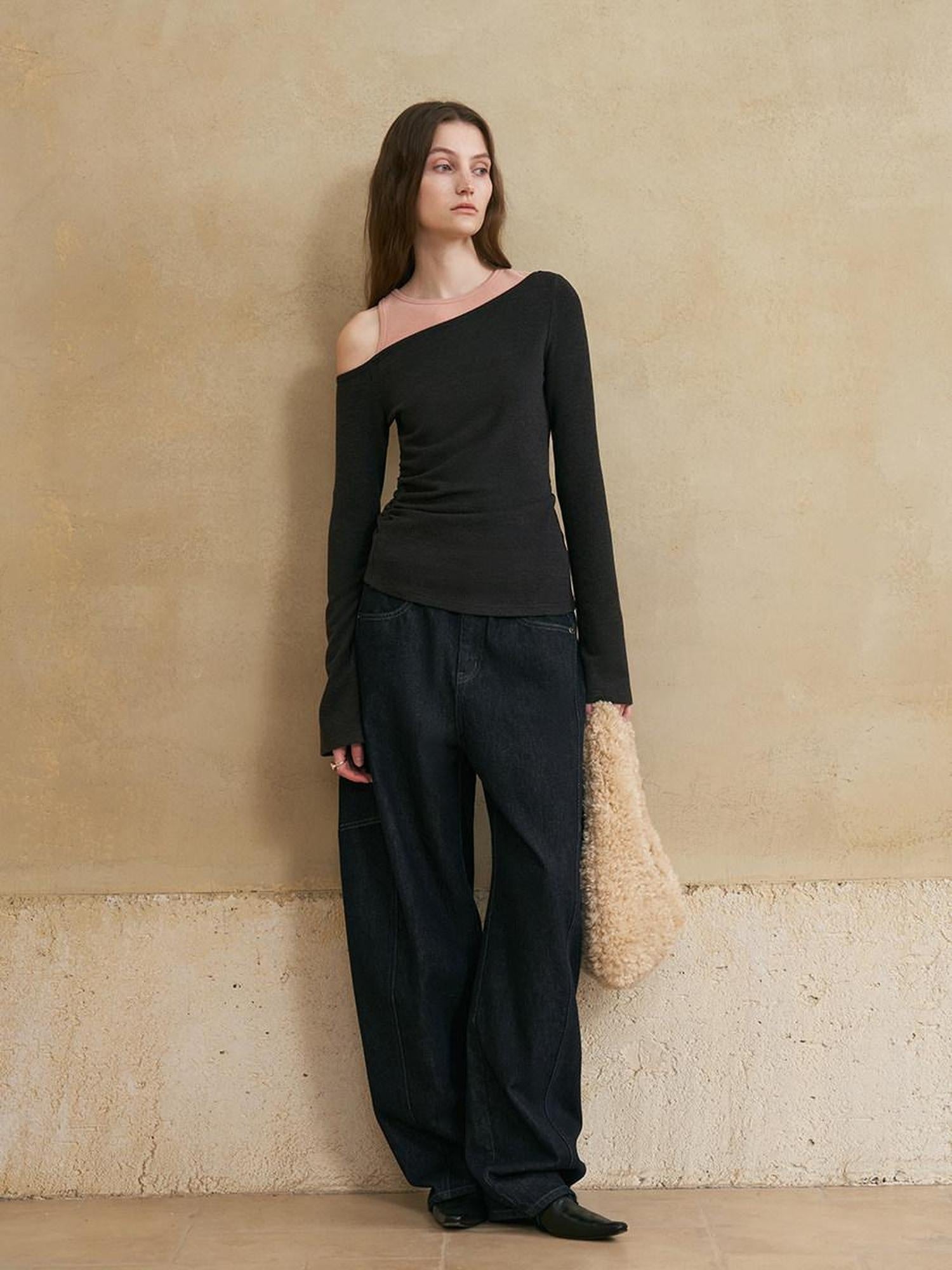 someonesometimes Colorblock Charcoal Pink Asymmetrical Knit Loose Viscose Off Shoulder Crop Tops