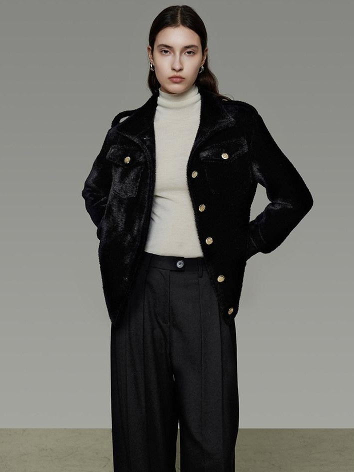 unspoken Tailored Slim Minimalist Commuter Stand Collar Women Black Short Coat