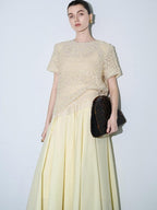 audreyyang 100% Cotton Lined Pleated H Line Mid Waist Bright Yellow Midi Skirts