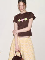 fano Slim Fit Cropped Round Neck Floral Print Ol Commuter Youth Short Sleeve T-Shirts