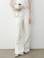 audreyyang Natural Waist Cotton Nylon Blend Loose Office Women White Straight Pants