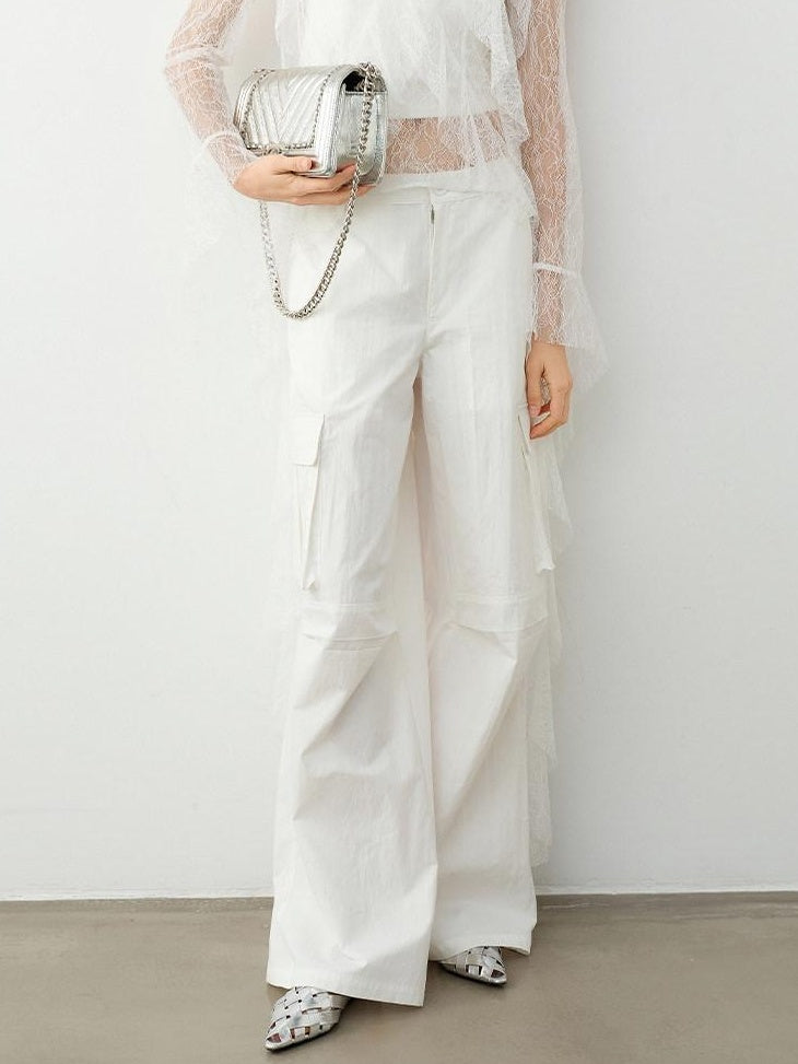 audreyyang Natural Waist Cotton Nylon Blend Loose Office Women White Straight Pants