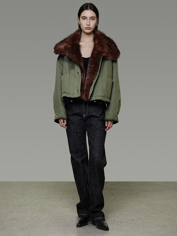 unspoken Fur Collar Short Single Breasted Office Olive Green Long Sleeve Cropped Jackets