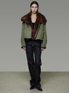 unspoken Fur Collar Short Single Breasted Office Olive Green Long Sleeve Cropped Jackets
