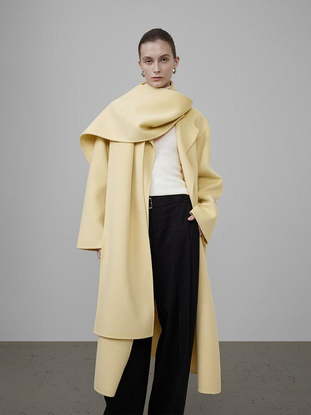 unspoken 100 Percent Wool Bright Yellow Long Straight Minimalist Office Wool Coats