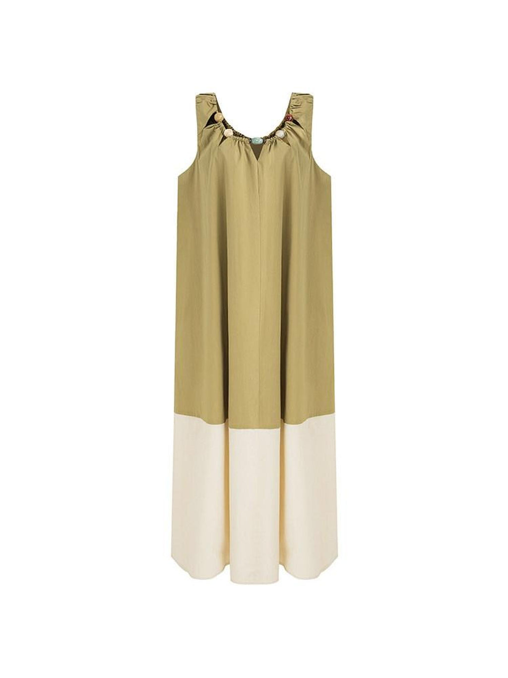 unspoken Khaki Beige Colorblock Sleeveless H Line Round Neck Loose Waist Maxi Dresses