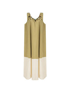 unspoken Khaki Beige Colorblock Sleeveless H Line Round Neck Loose Waist Maxi Dresses