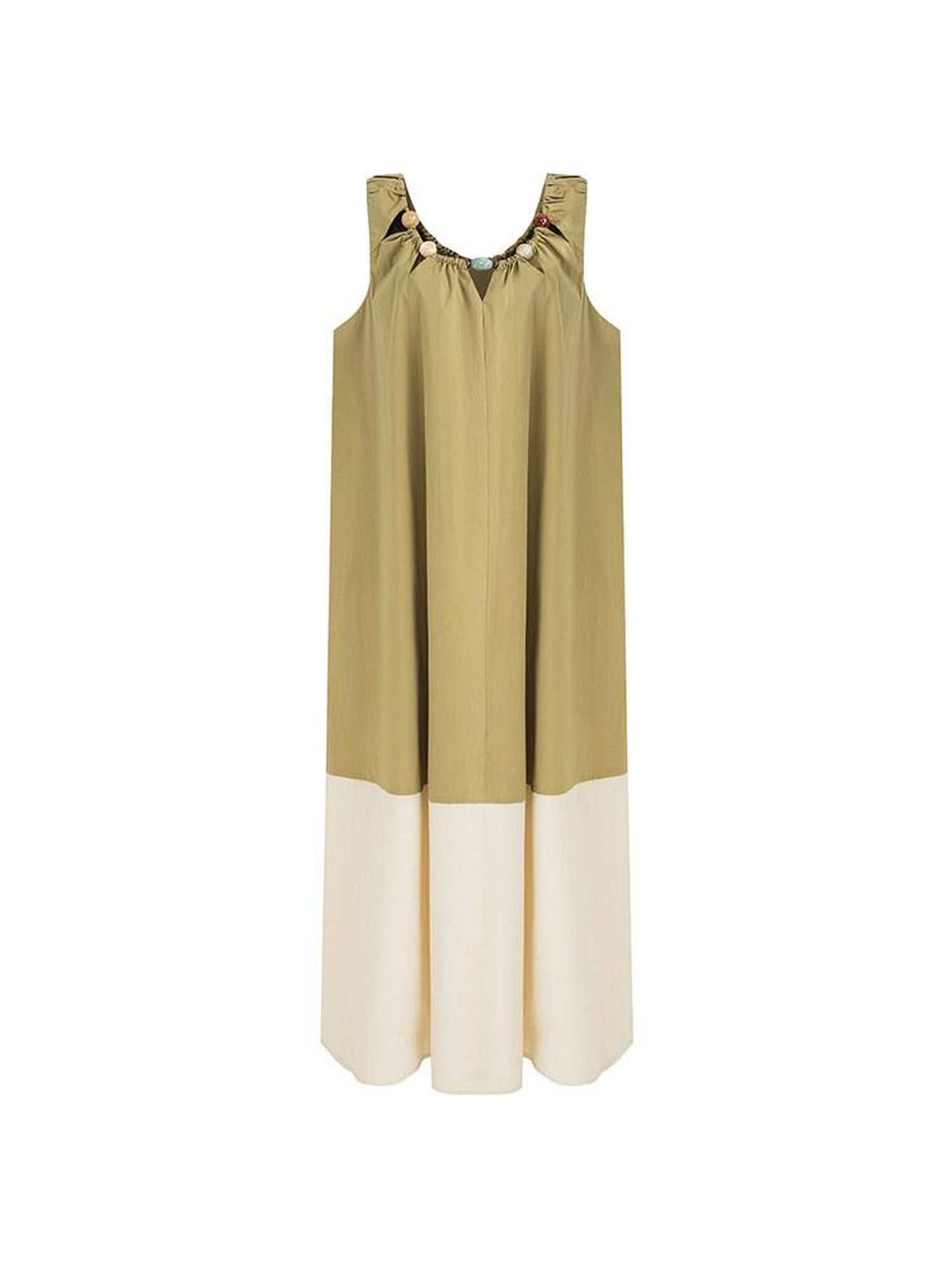 unspoken Khaki Beige Colorblock Sleeveless H Line Round Neck Loose Waist Maxi Dresses