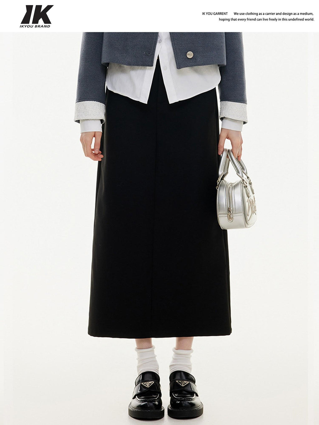 ikyou High Waist Embroidered A Line Casual Commuter Black Polyester Midi Skirts
