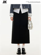 ikyou High Waist Embroidered A Line Casual Commuter Black Polyester Midi Skirts