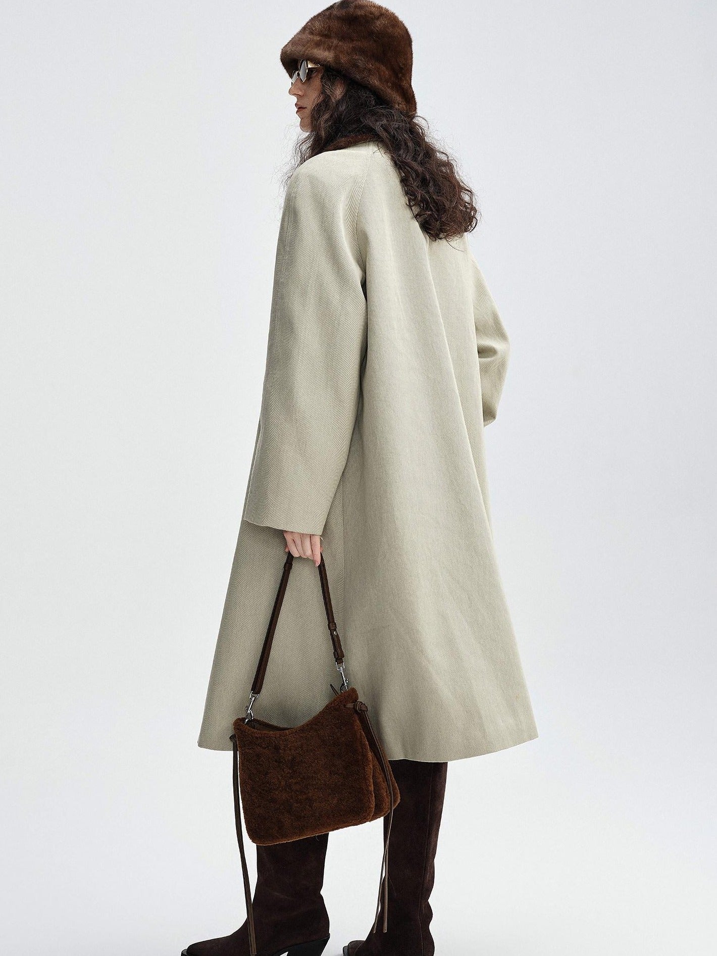 audreyyang Warm Thick Lapel Patchwork Slavic Loose Fit For Women Faux Fur Almond Long Coats