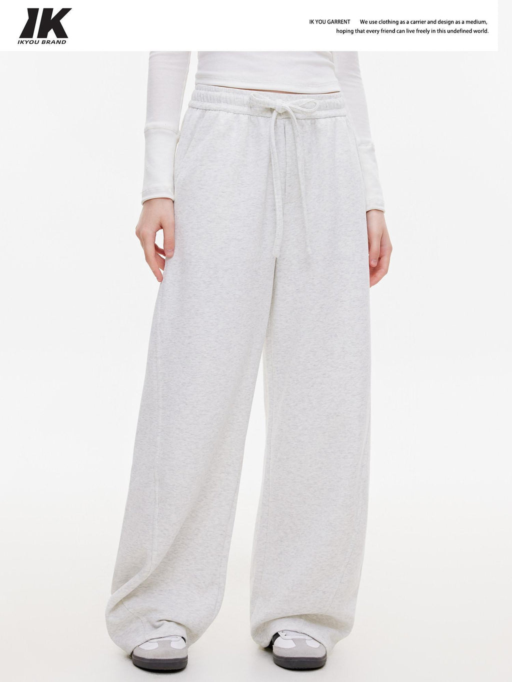 ikyou Thermal Casual Loose Pocket Elastic Waist Women Heather Gray Wide Leg Pants