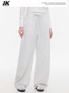 ikyou Thermal Casual Loose Pocket Elastic Waist Women Heather Gray Wide Leg Pants