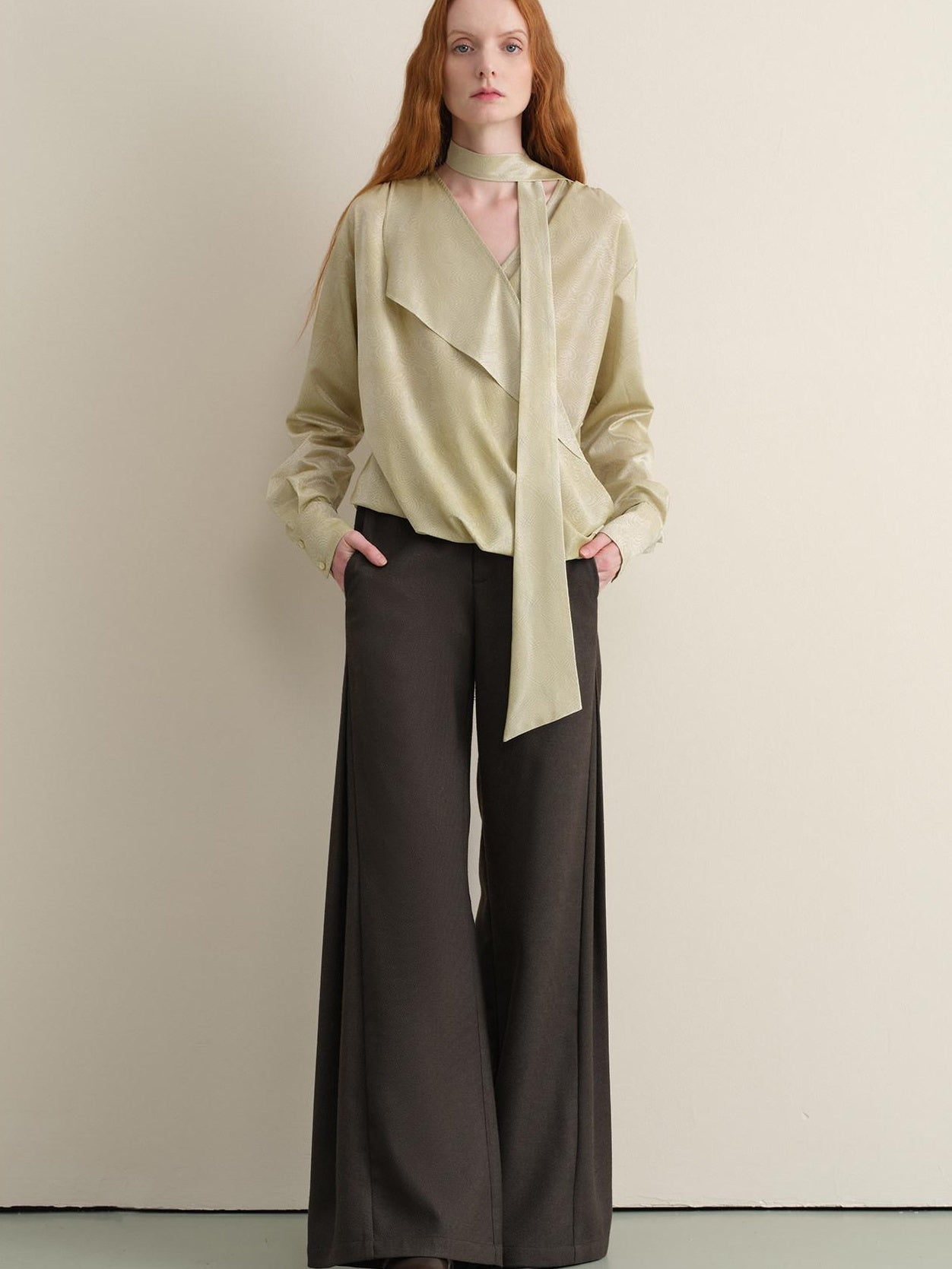 someonesometimes Breathable Casual Loose V-neck Tie Front Bell Sleeve Floral Cantaloupe Blouses