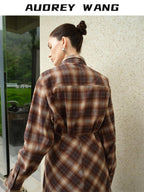 audreyyang Brushed Cotton Sunset Orange Belted Plaid Cardigan Women Top & Skirt Sets