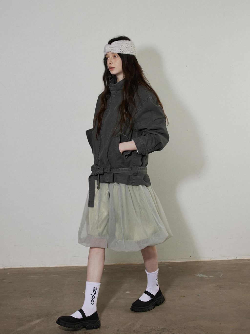 Lofi choose Breathable Drawstring Oversized Commuter Women Button Mud Gray Denim Jackets