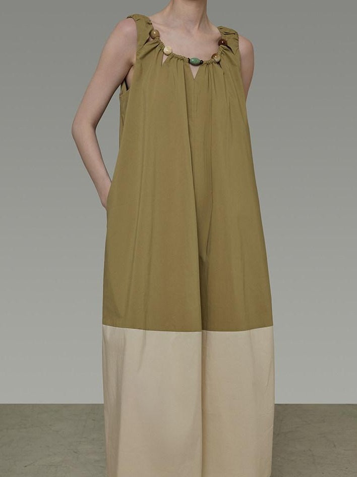 unspoken Khaki Beige Colorblock Sleeveless H Line Round Neck Loose Waist Maxi Dresses