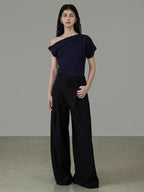unspoken 3D Detail Slim Fit Minimal Commuter Asymmetric Neck Navy Off Shoulder Crop Tops