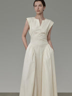 unspoken High Waist Colorblock V-neck Sleeveless Workwear A Line Cotton Maxi Dresses