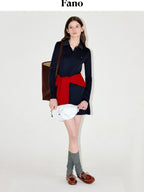 fano Soft Embroidered Tencel Vintage Aline Slim Long Sleeve Navy Midi Dresses