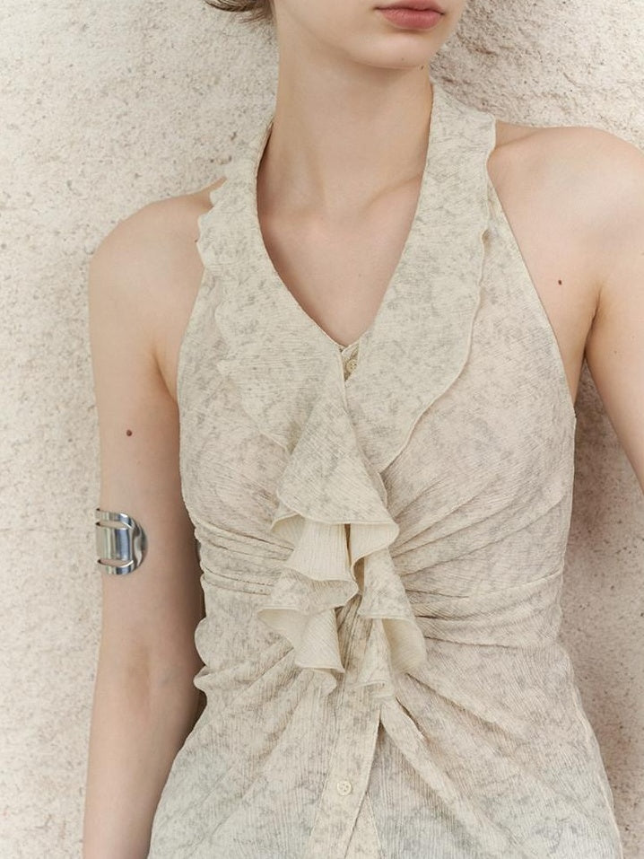 someonesometimes Ruffle Halter Slim Fit Cropped Solid Almond Stretch Tank Tops