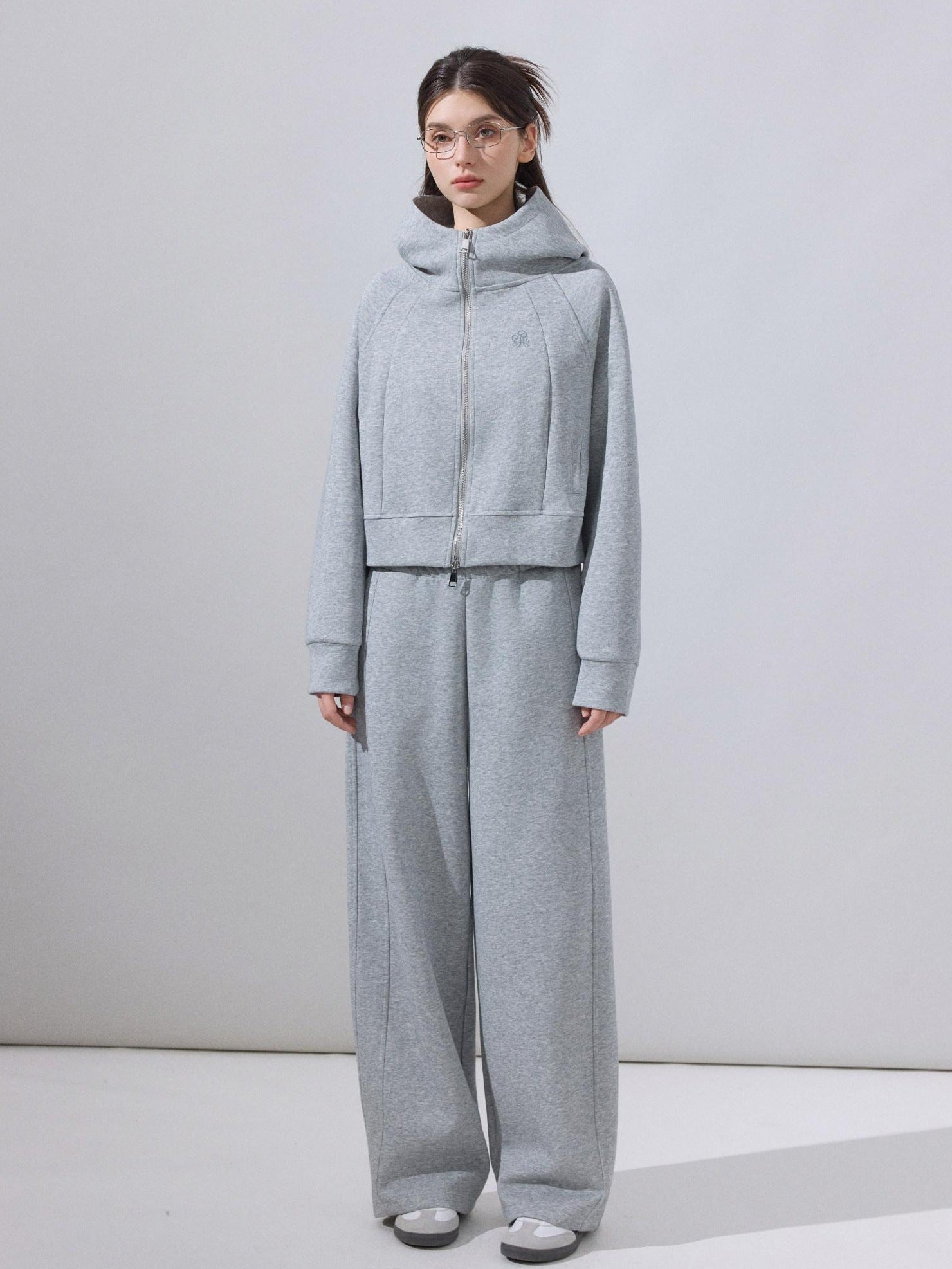 ikyou Embroidered Hooded Cropped Zipper Casual Women Cotton Blend Top & Pants Sets