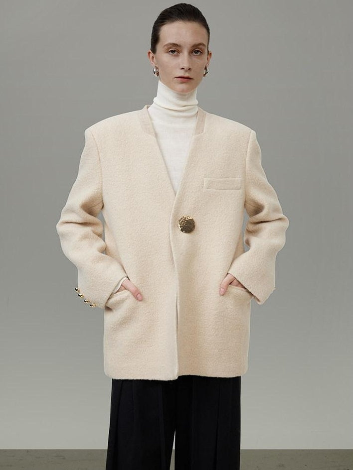 unspoken Cream Wool Blend Commuter Loose Fit V-neck Single Button Women Wool Coats